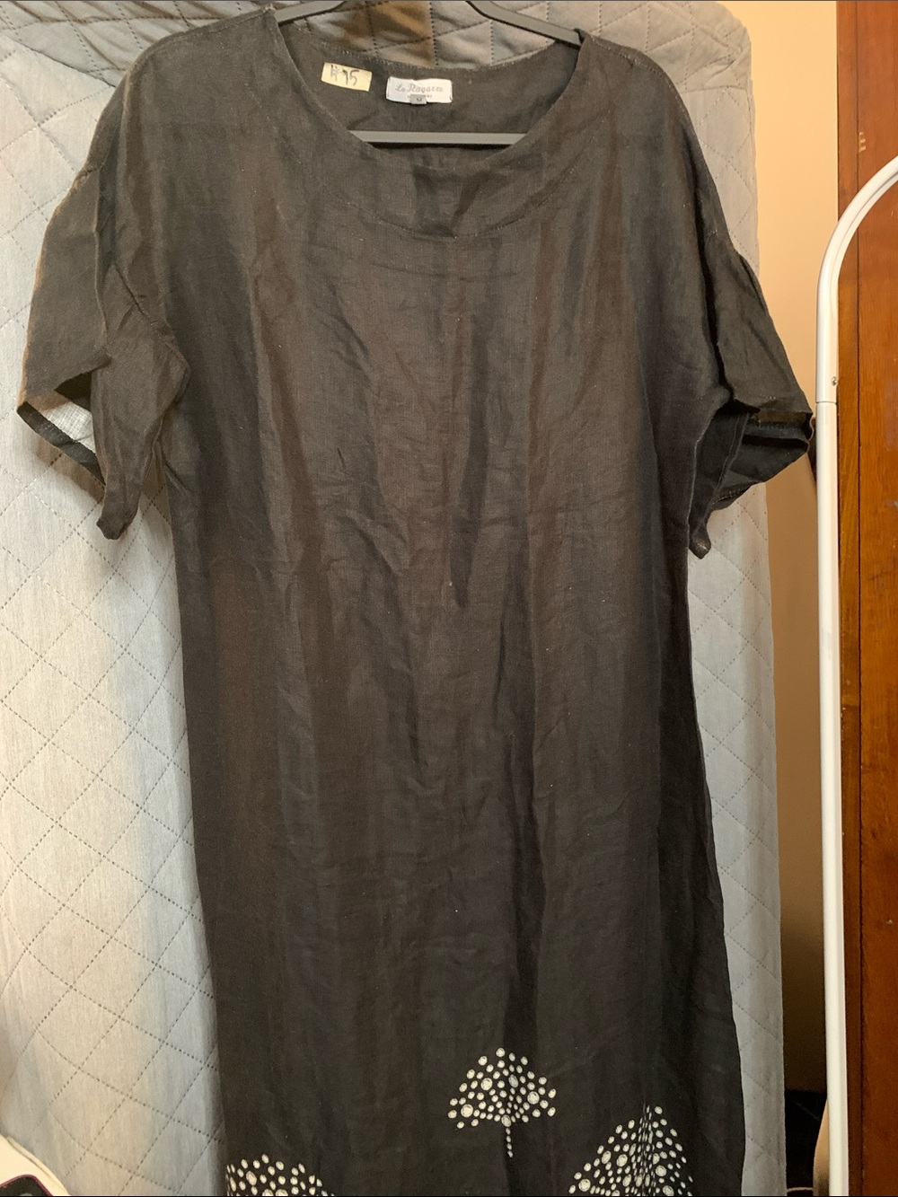 Black Short-Sleeve Linen Dress with Tree Dot Detail